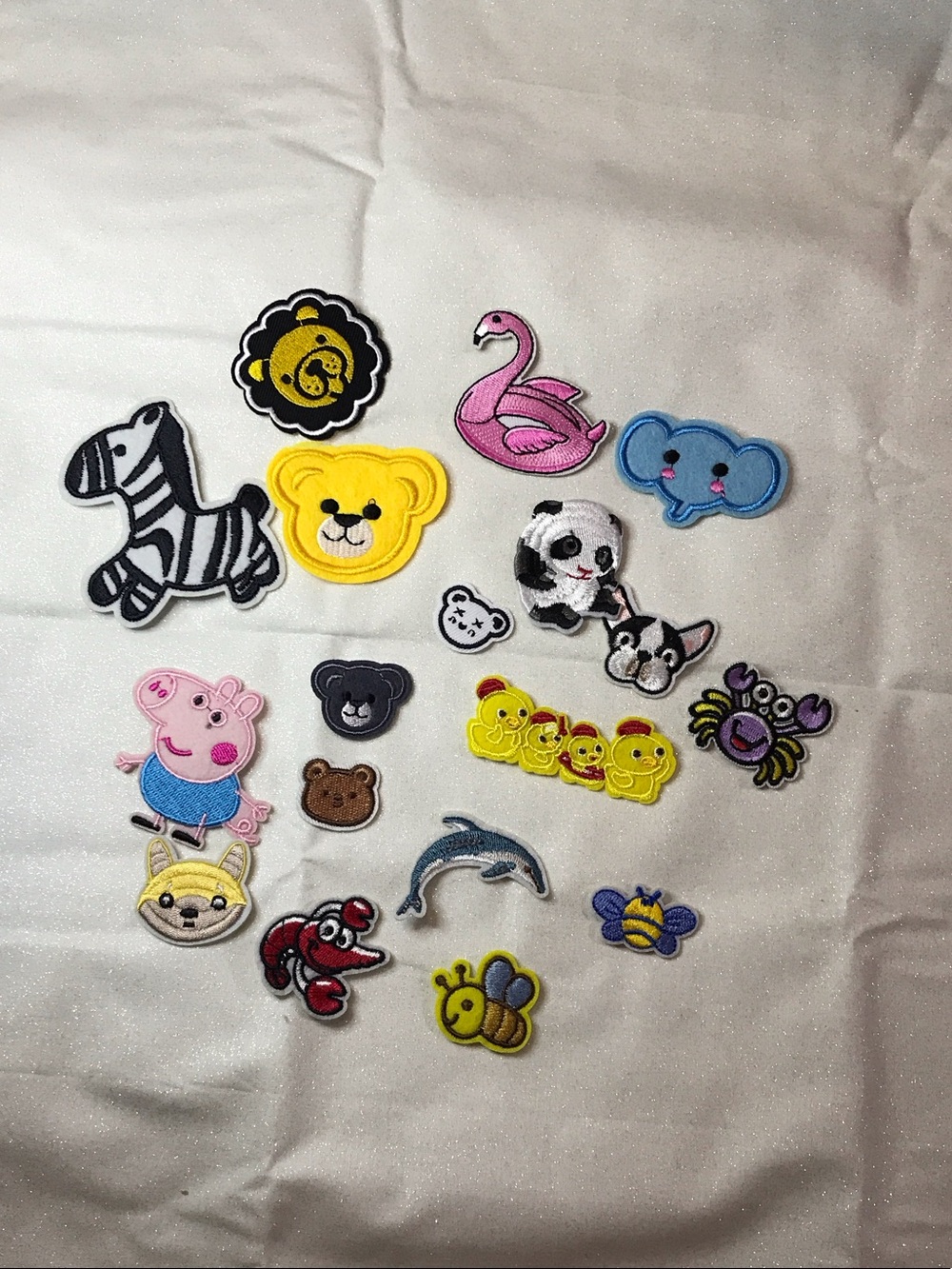 18-Cute Assorted Embroidered Animal Patches - Pink, Yellow, Blue, Black, Gray